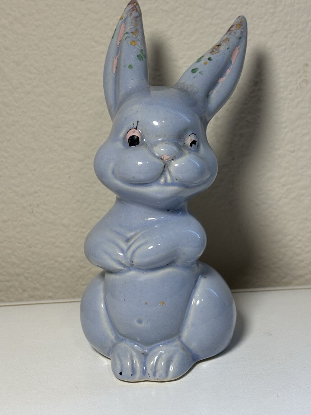 Vintage Ceramic Blue Bunny Cotton Ball Holder Dispenser Kitsch MCM Rabbit